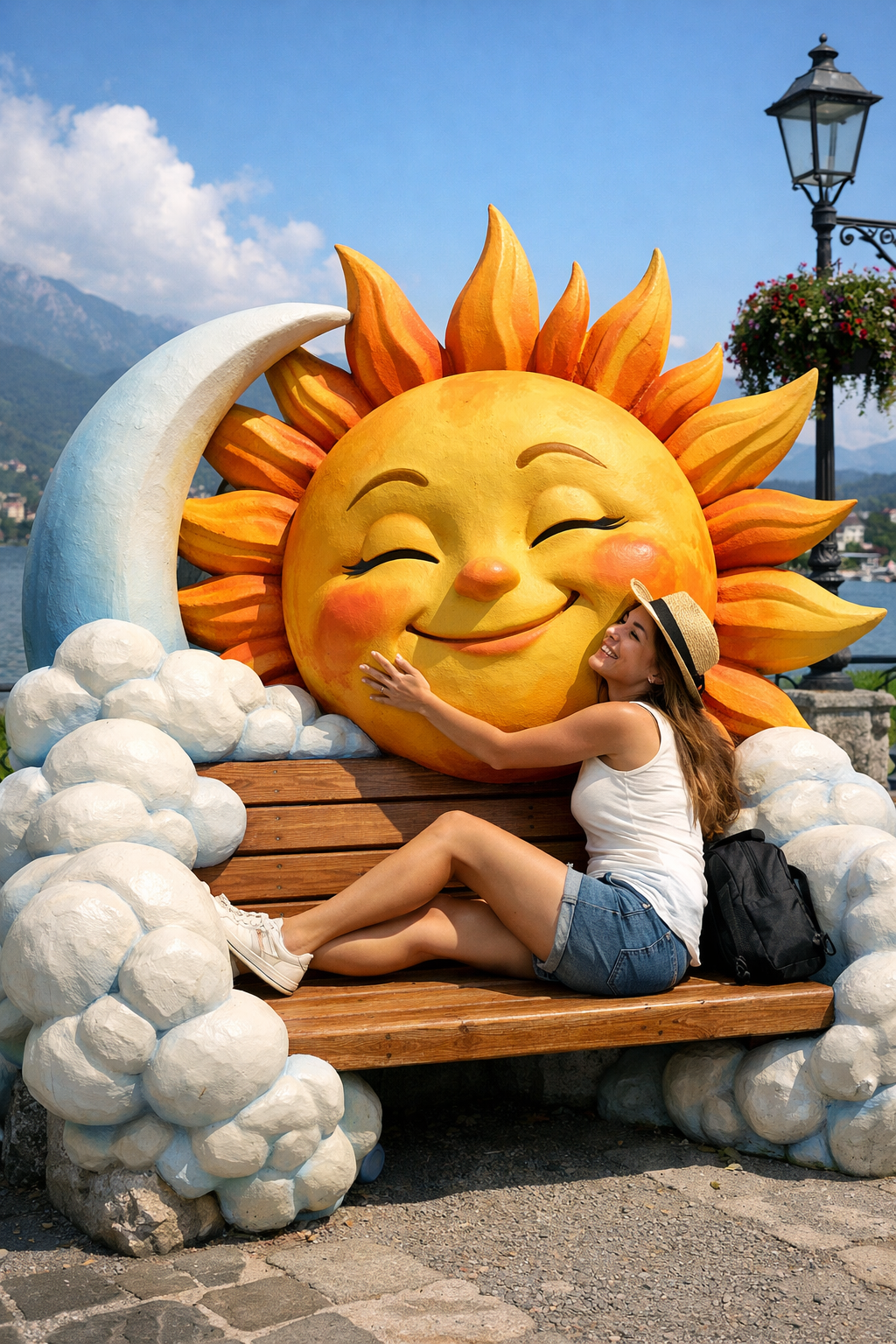 Donna seduta su una panchina scenografica mentre abbraccia una grande scultura del sole con luna e nuvole, in un’installazione decorativa all’aperto.