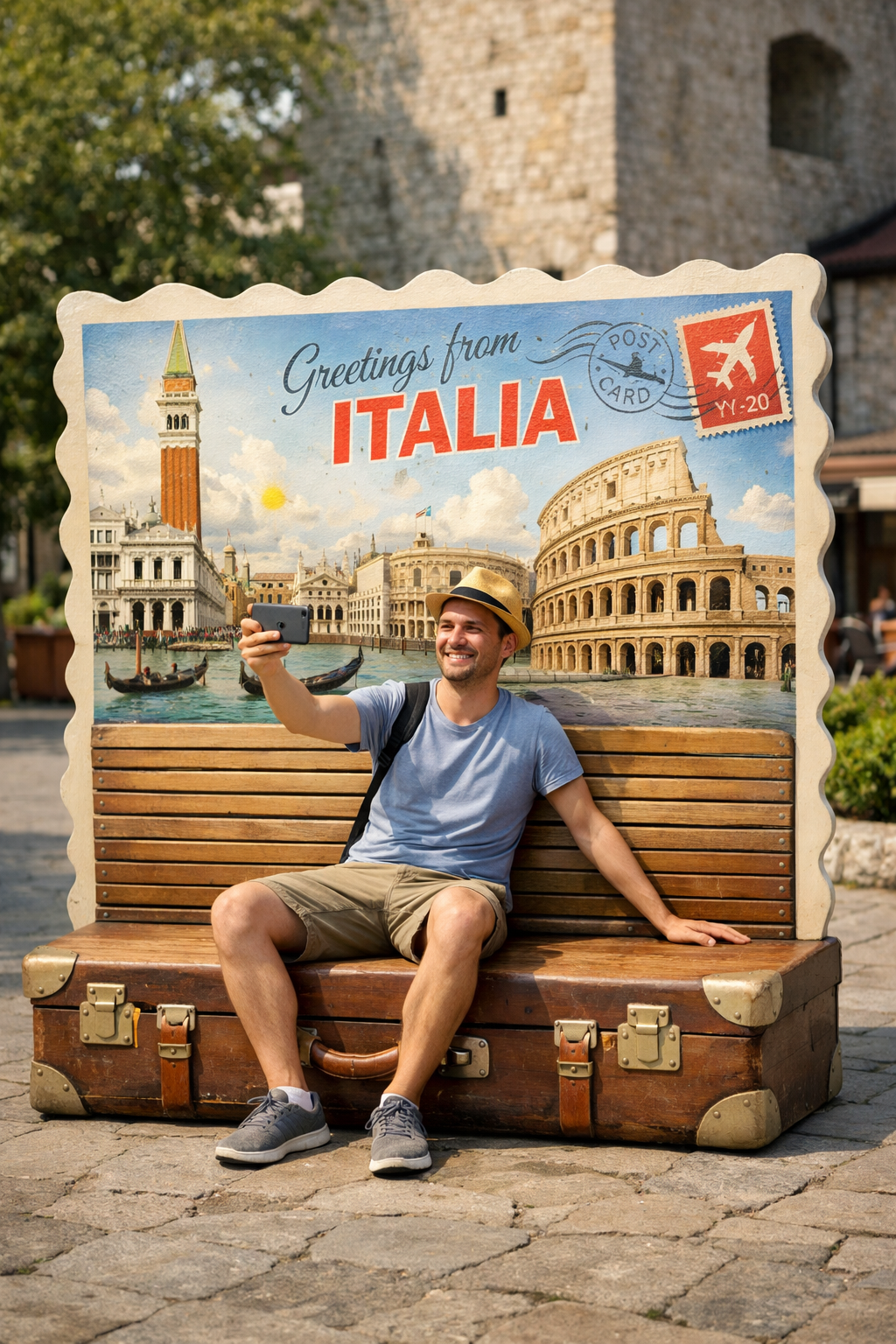 Uomo seduto su una panchina scenografica a forma di valigia, mentre scatta un selfie davanti a una grande cartolina dell’Italia con monumenti iconici come Venezia e il Colosseo.