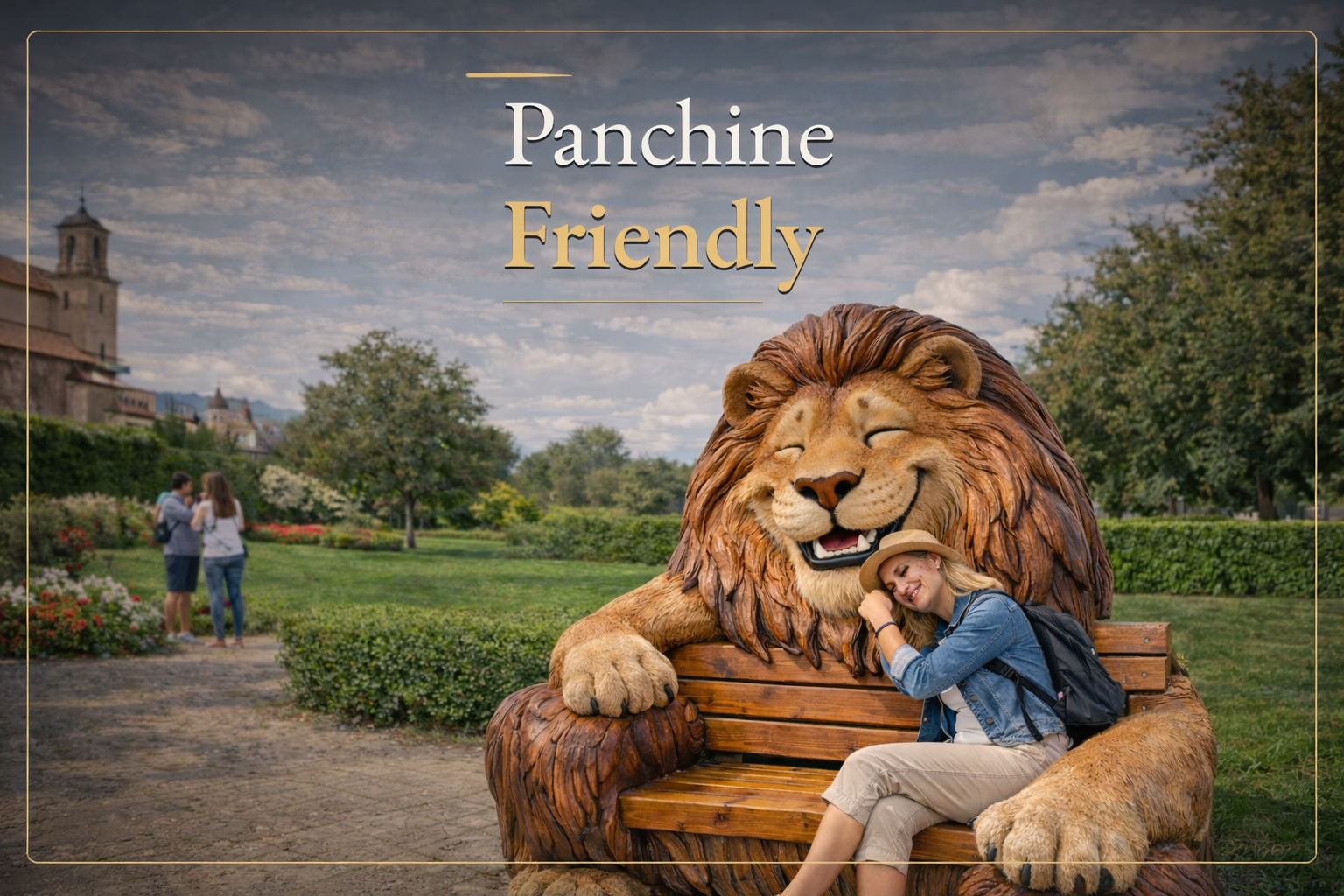 Panchina scenografica in polistirolo con grande leone scolpito, pensata come installazione fotografica interattiva per parchi tematici, giardini, eventi e aree outdoor.