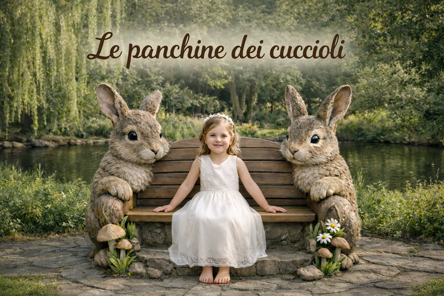 Panchina scenografica in polistirolo con due conigli scolpiti, pensata per aree bambini, parchi tematici, giardini fiabeschi e allestimenti fotografici.