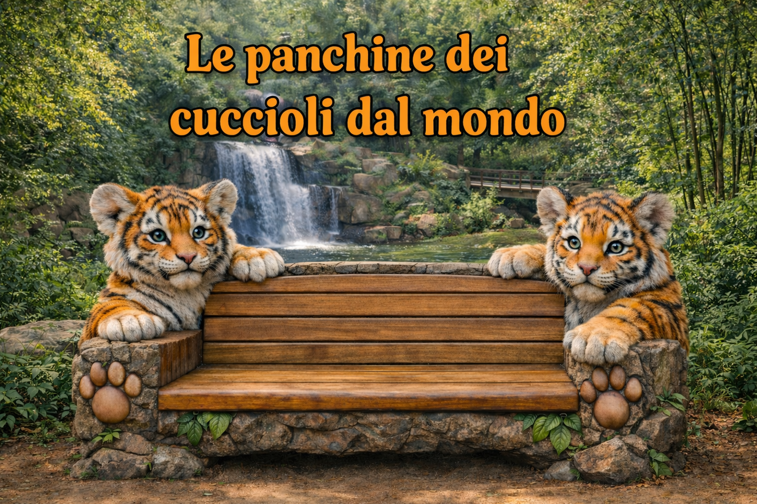 Panchina scenografica in polistirolo con due cuccioli di tigre scolpiti, ideale per parchi tematici, aree bambini, zoo park, eventi e allestimenti fotografici.