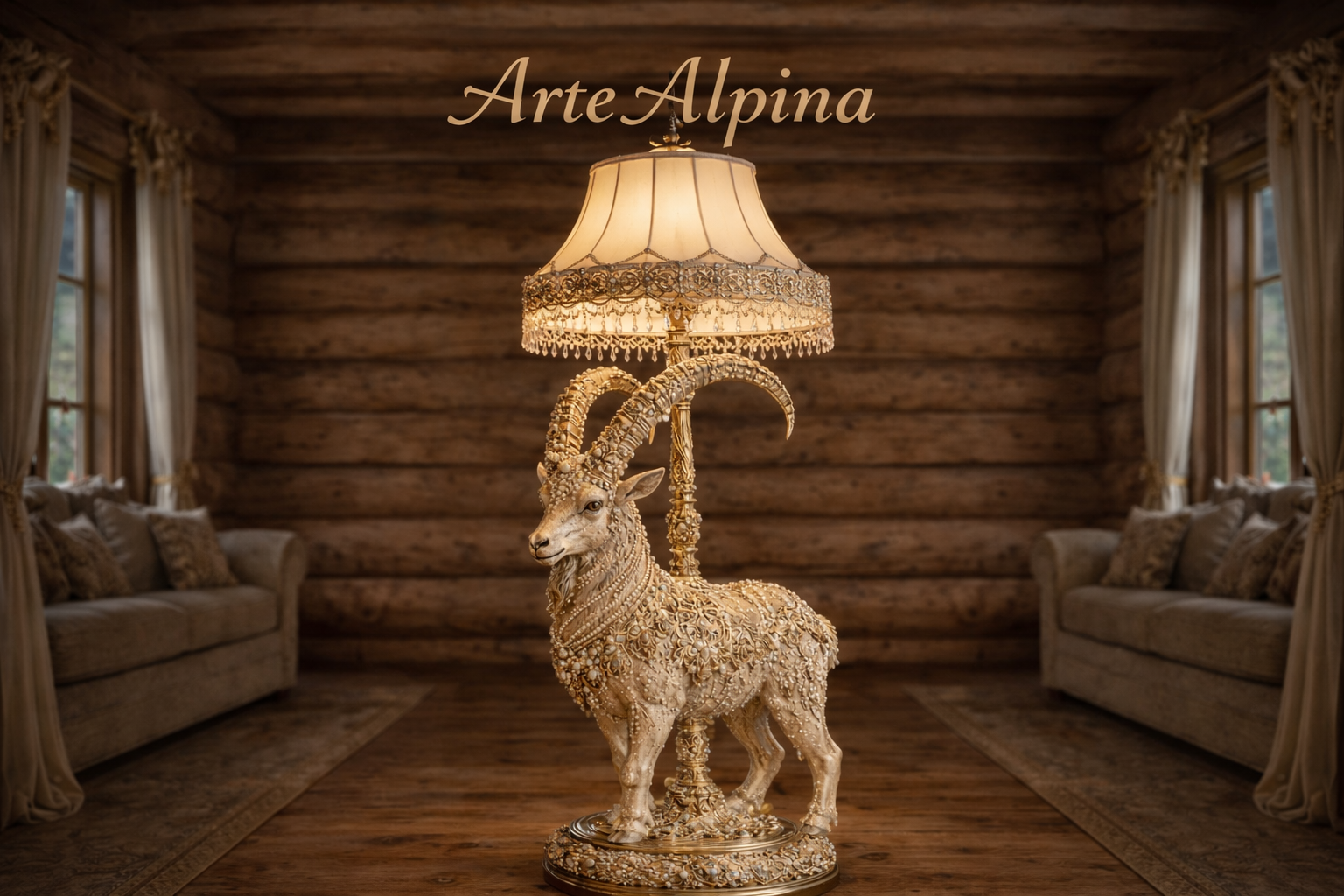 Lampada artistica Arte Alpina con base a forma di stambecco decorato, realizzata su misura da Brandy Roger come elemento scenografico per interni di lusso.