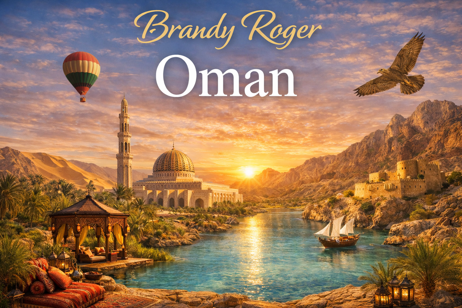 Immagine promozionale dedicata all&rsquo;Oman con moschea, montagne, mare cristallino, mongolfiera, falco in volo e atmosfera suggestiva al tramonto.