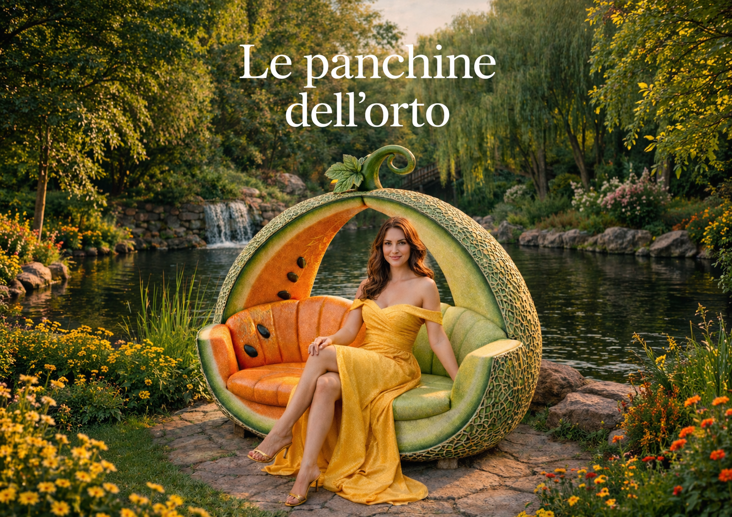 Panchina scenografica a forma di melone realizzata da Brandy Roger, in polistirene e poliurea resistente agli agenti atmosferici, inserita in un parco con laghetto e fiori.