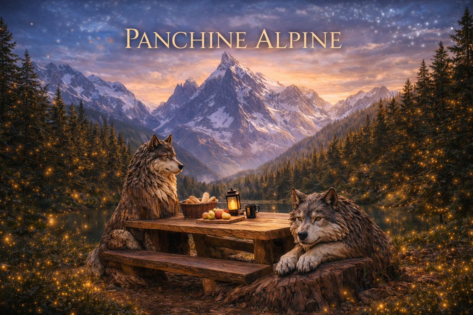 Panchina alpina scenografica con sculture di lupi in polistirolo, tavolo rustico in legno e ambientazione montana con lago, bosco e cime innevate.