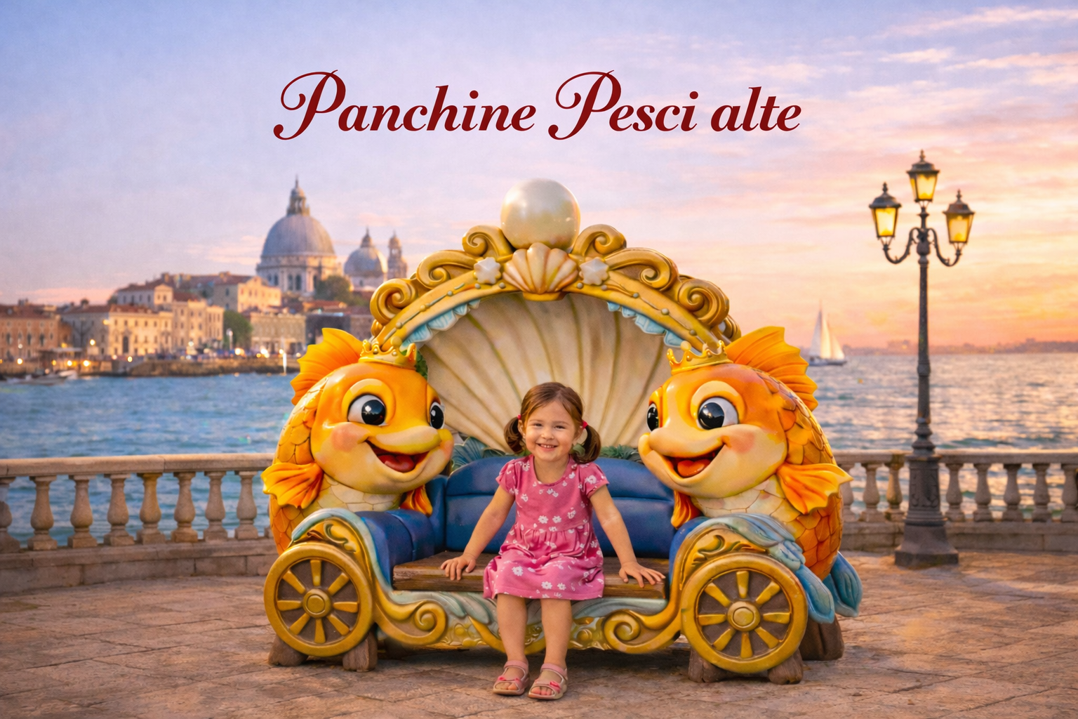 Panchina scenografica in polistirolo espanso a tema marino, con grandi pesci colorati, conchiglia decorativa e seduta centrale, ambientata su un lungomare al tramonto.