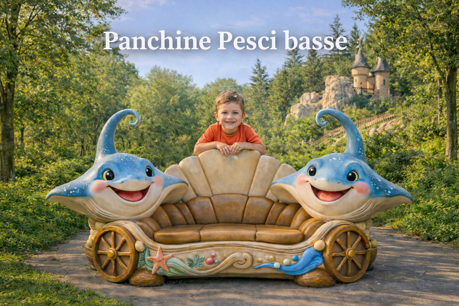 Panchina scenografica Pesci Basse realizzata da Brandy Roger, con due grandi pesci sorridenti ai lati, seduta a conchiglia e un bambino al centro in un parco verde.