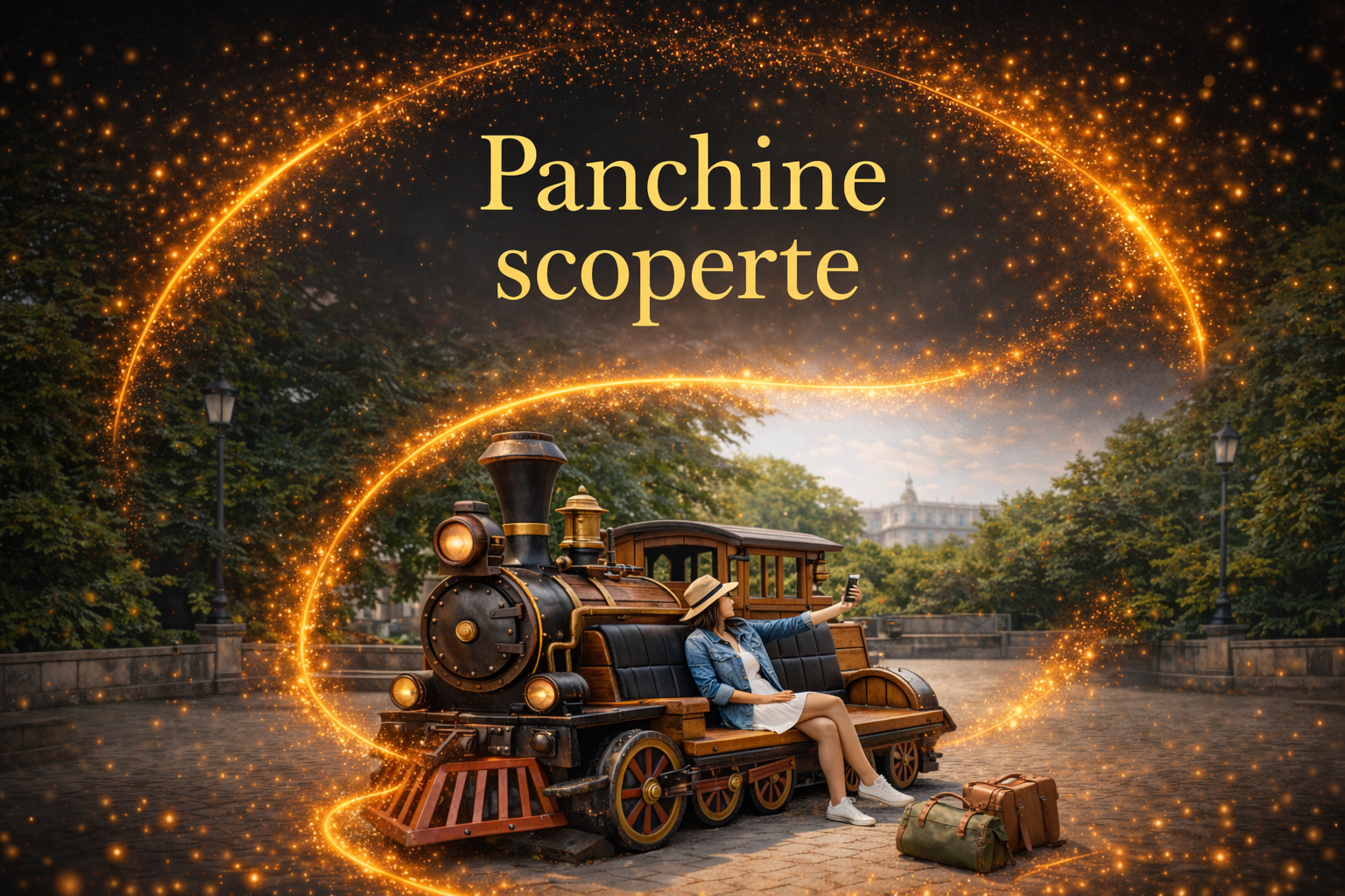 Panchina scenografica a forma di treno d&rsquo;epoca, realizzata in poliuretano alta densit&agrave; e legno, con effetti luminosi dorati e ambientazione da parco tematico.