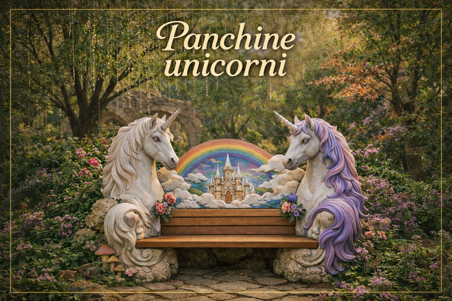 Seduta scenografica in EPS per parchi, con panchina decorativa a tema unicorni, arcobaleno, castello fiabesco e dettagli floreali in un&rsquo;ambientazione fantasy.
