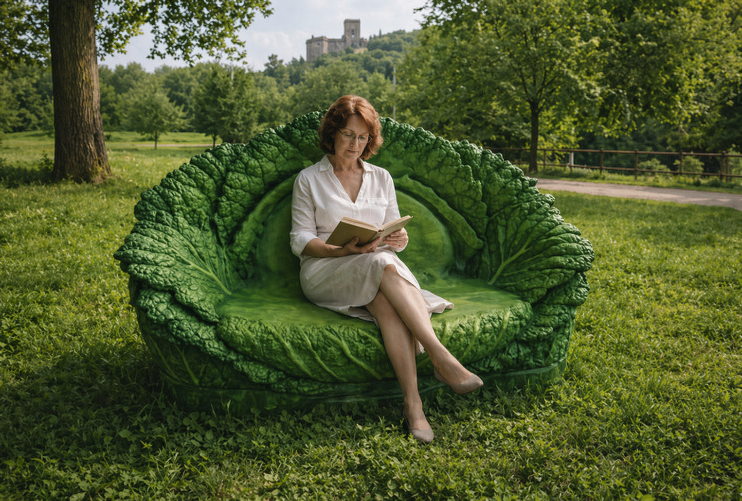 Panchina scenografica a forma di foglia di cavolo, con seduta ampia e avvolgente immersa nel verde di un parco, ideale per lettura e relax.