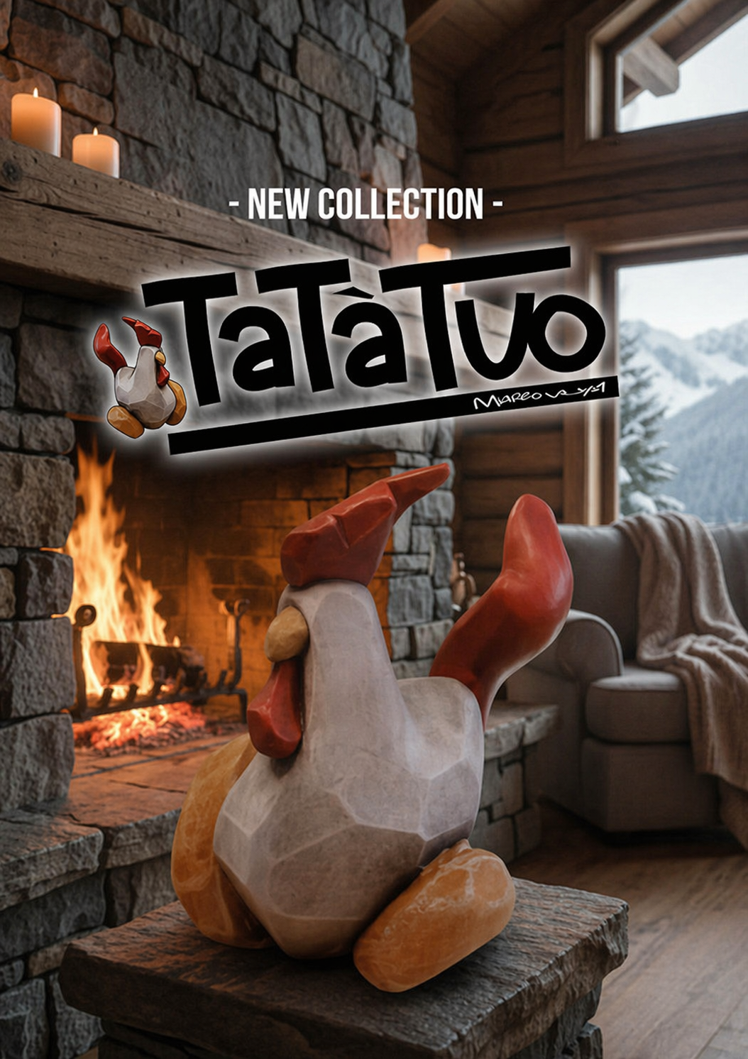 Scultura decorativa TaTaTuo by Brandy Roger a forma di gallo stilizzato, ambientata in un interno caldo con camino acceso e atmosfera da nuova collezione.