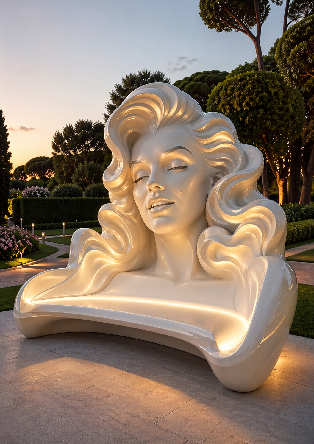 Panchina scenografica bianca con grande volto femminile scolpito e capelli ondulati, ambientata in un giardino elegante al tramonto con illuminazione integrata.