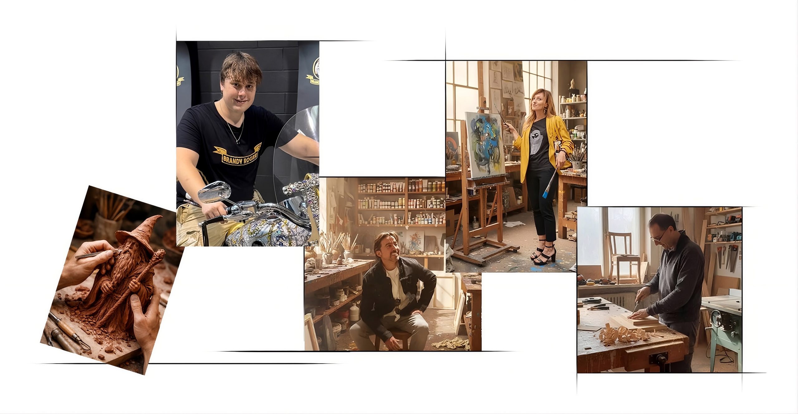 Collage grafico con immagini di artisti e artigiani al lavoro in laboratorio, tra scultura manuale, pittura su cavalletto, lavorazione del legno e decorazioni scenografiche.