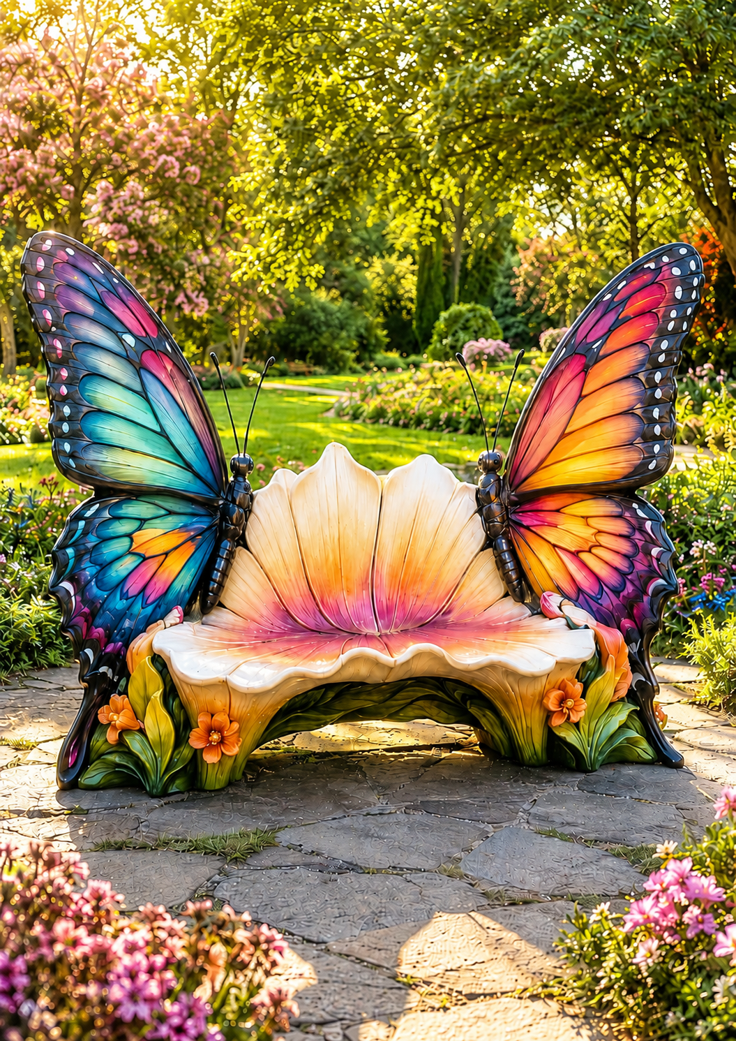 Panchina elegante a forma di farfalla, realizzata a mano in polistirolo e poliurea, con ali colorate e seduta floreale per giardini e parchi scenografici.
