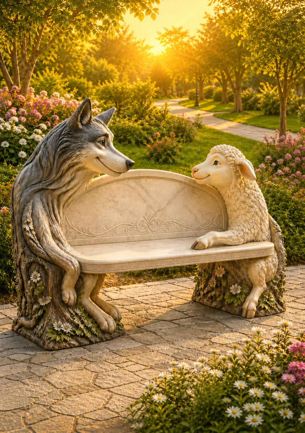 Panchina tematica con lupo e agnello decorativi ai lati, seduta elegante immersa in un parco fiorito al tramonto.